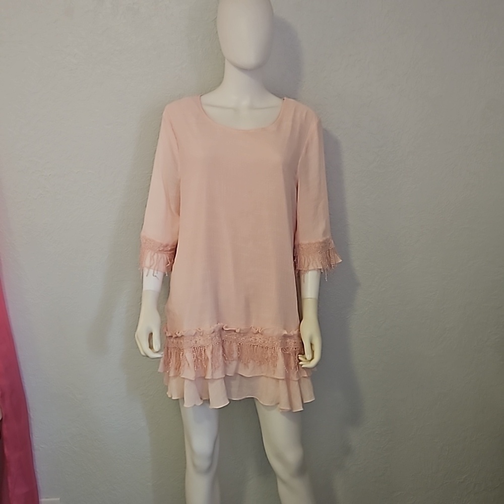 INDIGO SOUL Soft Pink Ruffle Fringe Tunic Micro Mini Fairycore Dress XL - Picture 3 of 10